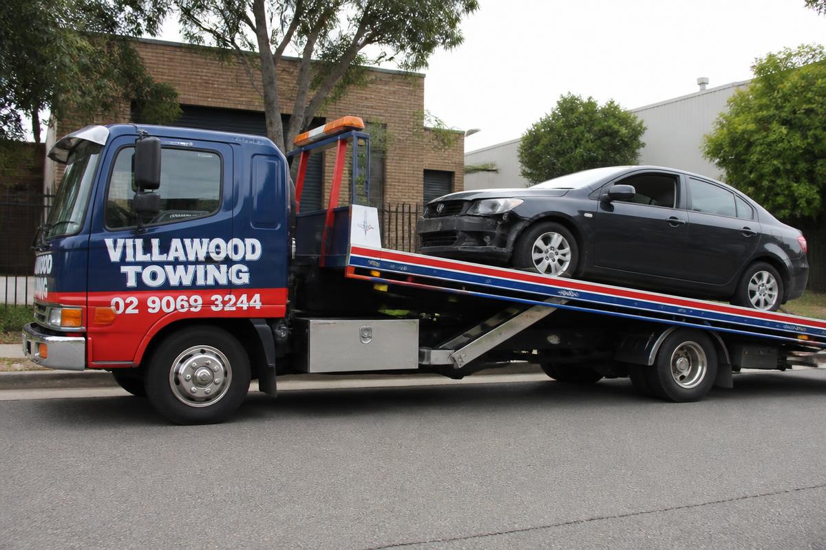 Villawood Towing flatbed tow truck loading a car