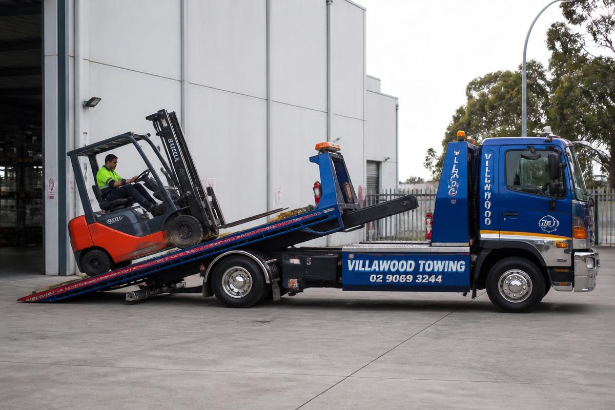 Forklift being loaded onto a Villawood Towing truck