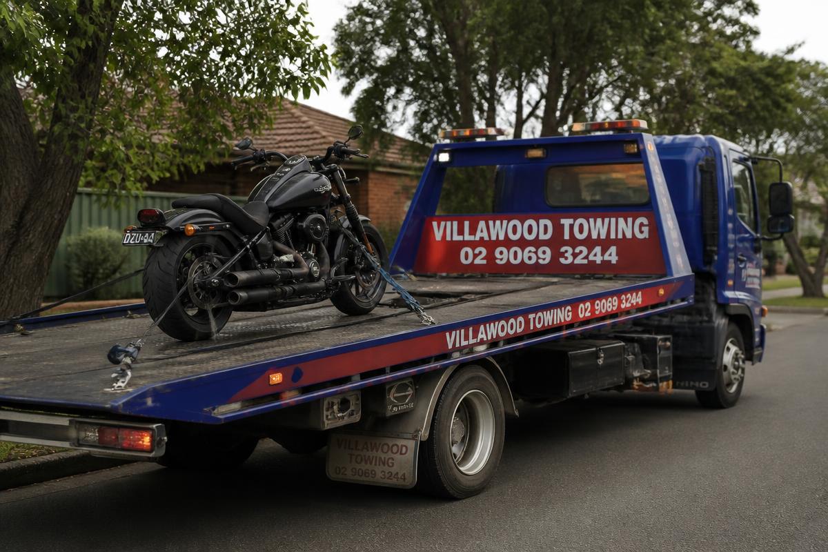 Motorbike secured on a Villawood Towing tilt tray truck